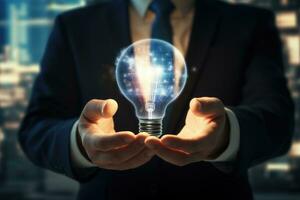 AI generated Businessman holding a glowing lightbulb in his hands. 3D rendering, Businessman's hand holding a lightbulb with business icons on a virtual screen, AI Generated photo