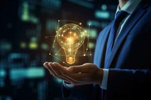 AI generated Close up of businessman holding glowing light bulb in palm. Idea concept, Businessman's hand holding a light bulb with a graph and chart on a virtual screen, AI Generated photo