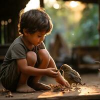 ai generado un reconfortante foto de un joven chico alimentación un bebé pájaro con un cuentagotas