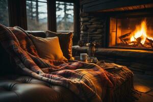 ai generado un acogedor cabina interior con un rugido chimenea, suave mantas, y un caliente taza de té foto