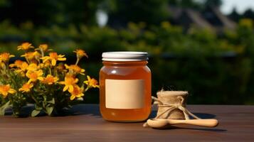 AI generated jar of honey with blank front realistic on a mockup template in a wooden table in a summer garden with bee, photo