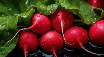 AI generated radishes on a black background with water drops photo