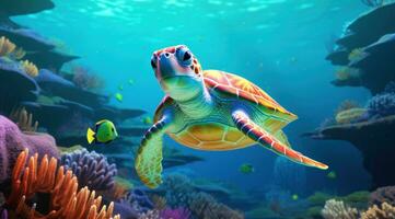 AI generated underwater with turtle and sea life wallpapers photo