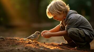 ai generado un reconfortante foto de un joven chico alimentación un bebé pájaro con un cuentagotas
