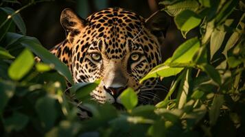 ai generado un hermosa y elusivo jaguar compañeros fuera desde detrás un árbol foto