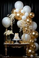 AI generated elegant gold and white balloon display set against a dark background photo