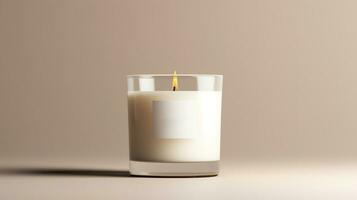 AI generated Generative AI, candle with label mockup. Aesthetic minimalistic composition blank, textile. Comfort, spa, relax and wellness concept. photo