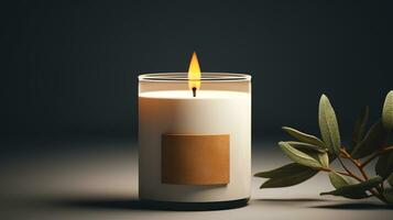 AI generated Generative AI, candle with label mockup. Aesthetic minimalistic composition blank, textile. Comfort, spa, relax and wellness concept. photo