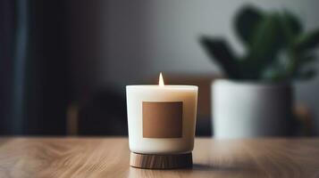 AI generated Generative AI, candle with label mockup. Aesthetic minimalistic composition blank, textile. Comfort, spa, relax and wellness concept. photo