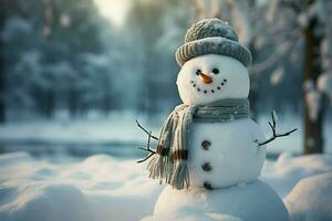 AI generated Festive frost Snowman graces winter landscape with snowy background scene photo