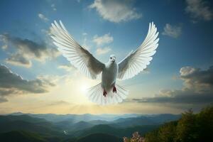 ai generado pacífico ascenso blanco paloma se eleva con esperanza en el cielo foto
