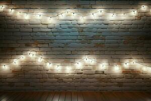 AI generated ambiance White brick wall adorned with shimmering lights background photo