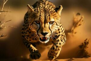 ai generado africano velocista leopardo corriendo en naturaleza, exhibiendo increíble fauna silvestre movimiento foto
