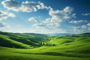 AI generated Vibrant panorama Green field grass hills landscape in a realistic illustration photo