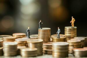 AI generated Financial success Miniature businesspeople standing on money, wooden background photo