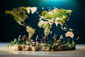 ai generado aventuras viaje miniatura personas explorador un mundo mapa, viaje concepto foto