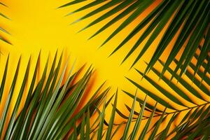 AI generated Sunny aesthetics Tropical palm leaves on a vibrant yellow background photo