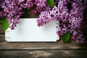 AI generated Antique backdrop Lilac flowers on an old wooden background, tag photo