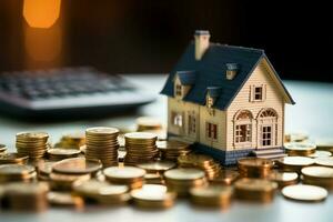 AI generated Financial security Saving for real estate, incorporating money and coins photo