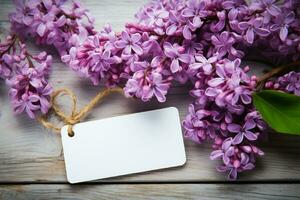 ai generado etiquetado flores lila flores con un vacío etiqueta, resistido madera foto