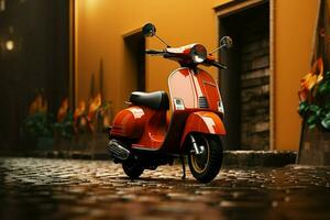 AI generated Vintage mobility Red scooter speeds through city streets, delivering efficiently photo