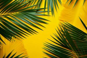 AI generated Sunny aesthetics Tropical palm leaves on a vibrant yellow background photo