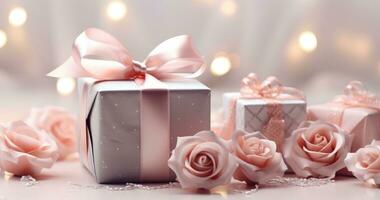 AI generated valentine presents on a grey background with roses photo