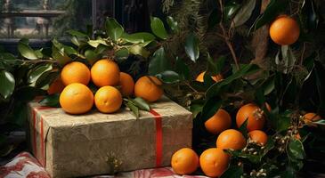 ai generado dos naranjas descanso junto a regalos mientras otro arboles son cerca foto