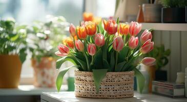 AI generated tulips in a wicker basket on a shelf photo