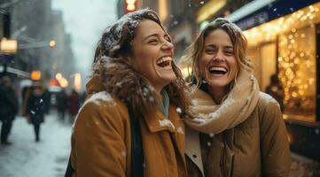 AI generated two women are in the middle of the rain and snow holding shopping bags photo