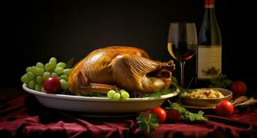 AI generated turkey dinner with some wine at the side turkey photo