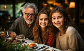 ai generado grandioso hijas son sentado a un mesa con abuelos foto