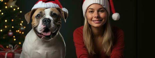 AI generated woman sits with a bulldog near a christmas tree photo