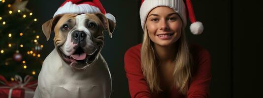 ai generado mujer se sienta con un buldog cerca un Navidad árbol foto