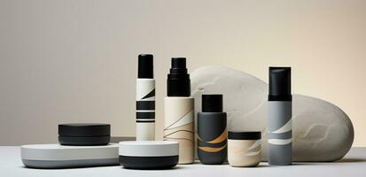 AI generated five black, white, and grey cosmetics on a table photo