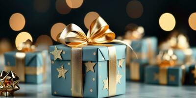 AI generated wrapped present on blue background, with stars photo