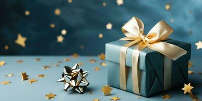 AI generated wrapped present on blue background, with stars photo