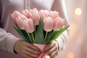 AI generated gift box tulips with bouquet on background pink color photo