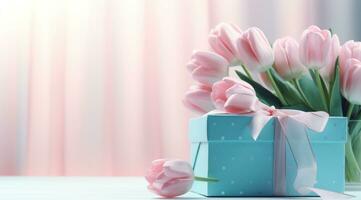 AI generated gift box tulips with bouquet on background pink color photo