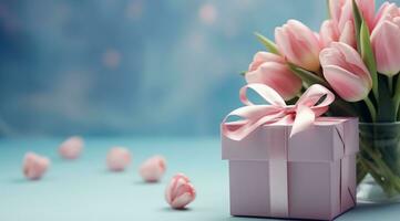AI generated gift and pink tulips on blue background photo