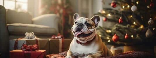 AI generated bulldog sits a near a christmas tree photo