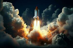 AI generated Cosmic journey Rocket takes off into space in captivating mixed media photo