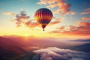 AI generated Summer balloon ride Sunrise background, nature landscape, air travel freedom photo