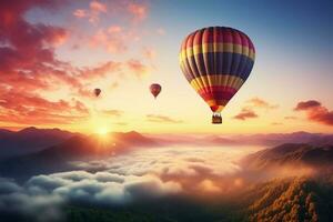 AI generated Summer balloon ride Sunrise background, nature landscape, air travel freedom photo