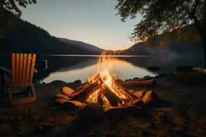 AI generated Chill vibes Bonfire by the lake in an outdoor nature setting photo
