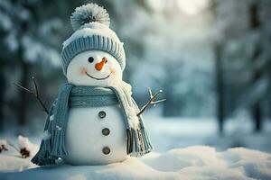 AI generated Festive frost Snowman graces winter landscape with snowy background scene photo