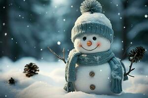 AI generated Yuletide joy Snowman in winter landscape, space for festive text photo