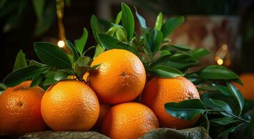 ai generado maduro naranjas son sentado siguiente a un Navidad árbol foto