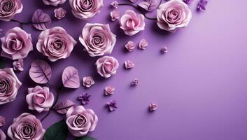 ai generado púrpura rosas y corazones en un Violeta antecedentes foto