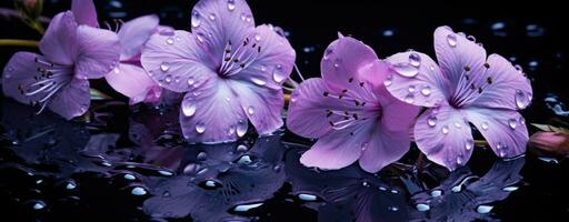 AI generated rain drops floating in water near purple flowers photo